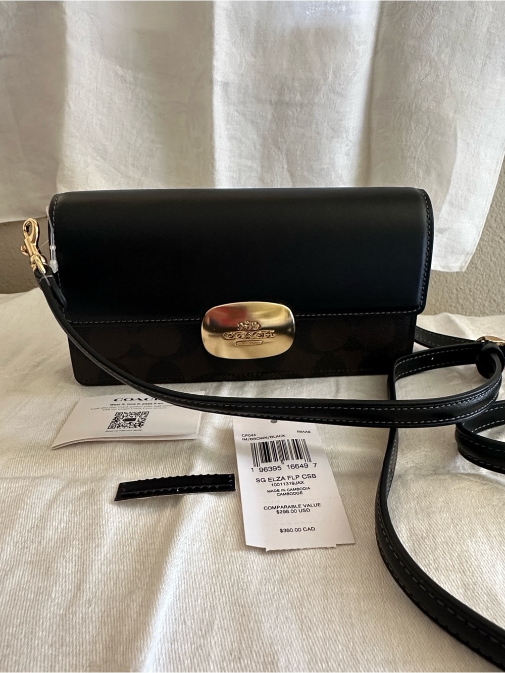 Coach Black Leather & Signature Canvas Flap Crossbody with Gold Hardware